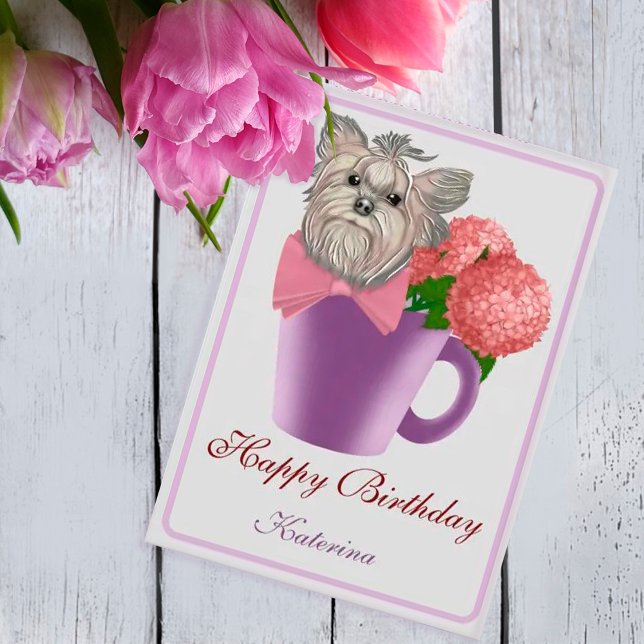 Anúncio Pink Hydrangeas and Yorkshire Terrier Birthday (Criador carregado)