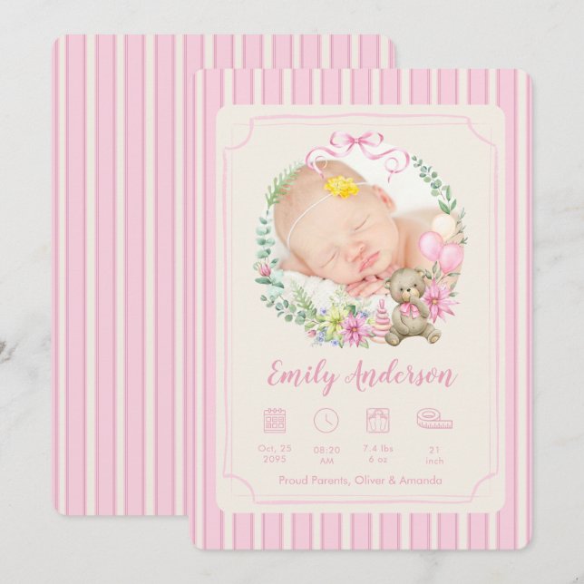 Anúncio Pink Newborn Birth Photo Boy Baby Announcement (Frente/Verso)