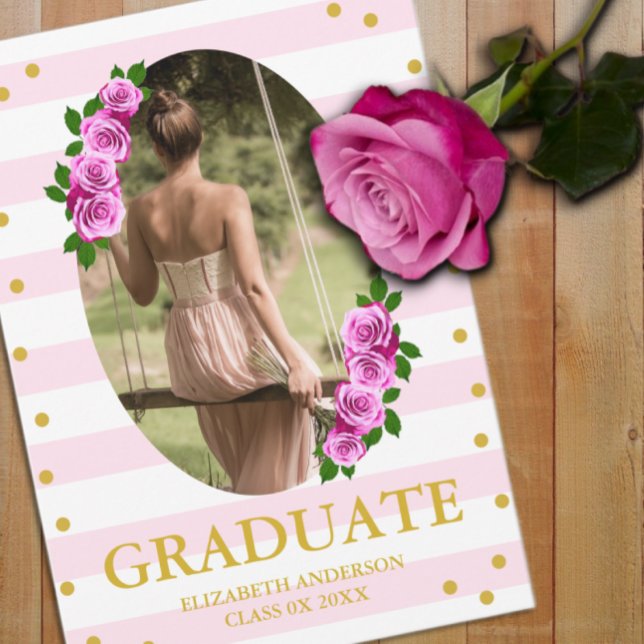 Anúncio Pink Roses Striped Graduation Brunch (Criador carregado)