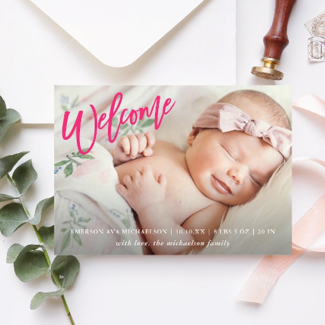 Anúncio Pink Welcome Script with Photo Baby Girl Birth (Criador carregado)