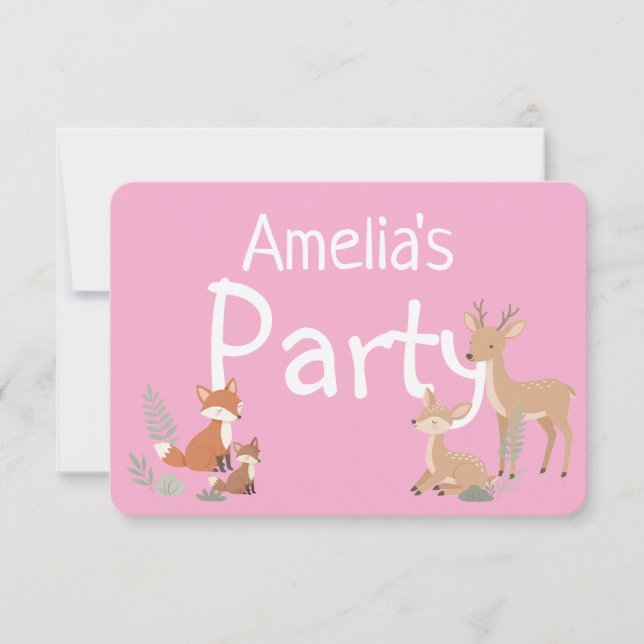 Anúncio Pink Woodland Animal Birthday Party Invitation (Frente)