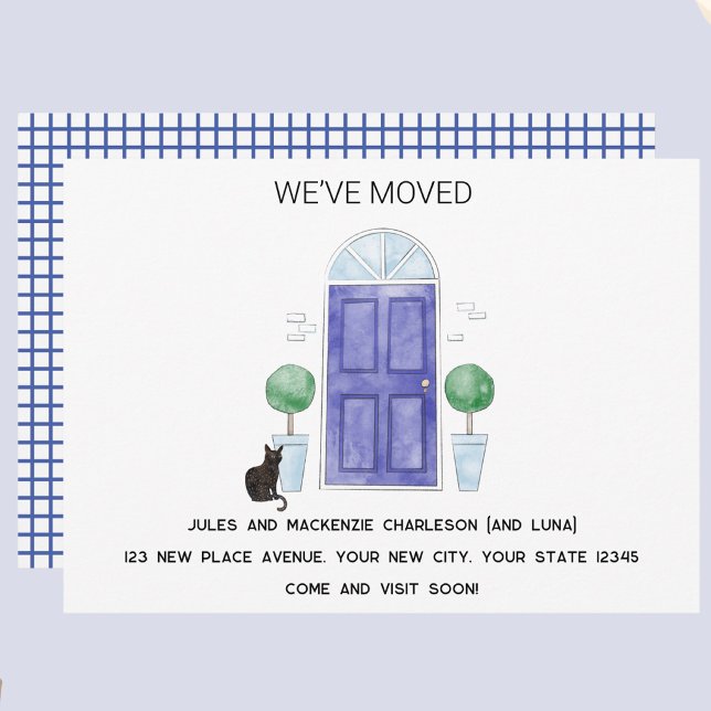 Anúncio Porta Azul e Gato Mudamos para Nova Casa (Blue door cat watercolor custom text new home we I have moved change of address moving announcement)