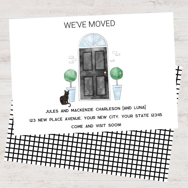 Anúncio Porta Negra e Gato Que Mudamos Para Casa (Black door cat watercolor custom text new home we I have moved change of address moving announcement)