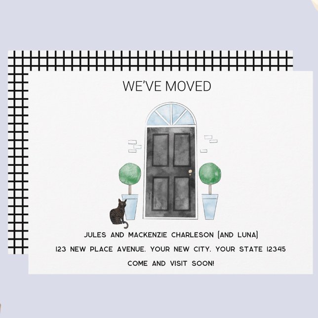 Anúncio Porta Preta e Gato Mudamos para Nova Casa (Black door cat watercolor custom text new home we I have moved change of address moving announcement)