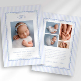 Anúncio Preppy Stripe Monogram Photo Birth Announcement