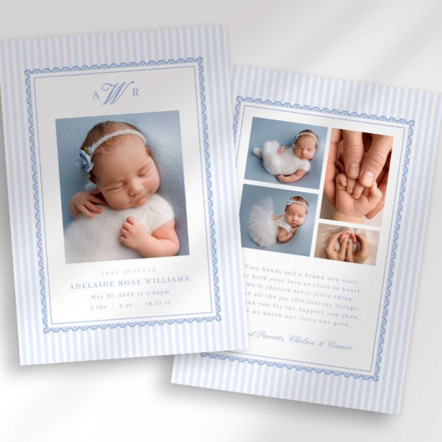 Anúncio Preppy Stripe Monogram Photo Birth Announcement (Criador carregado)