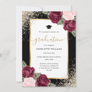 Anúncio Preto Burgundy Rosa Dourado Floral Foto Graduação