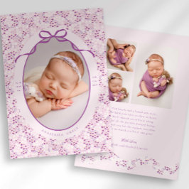Anúncio Purple Ditsy Floral Bow Photo Birth Announcement