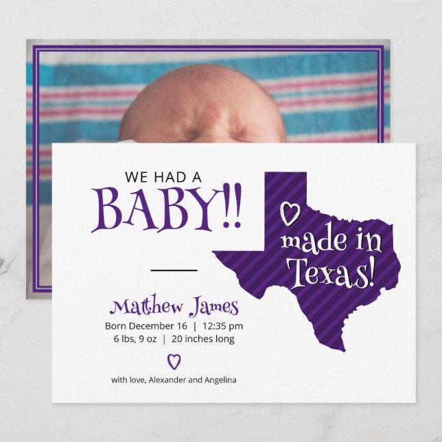 Anúncio Purple Striped Made in Texas Photo Baby (Frente/Verso)