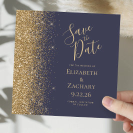 Anúncio Quadrado Azul Escuro Dourado Glitter Save the Date