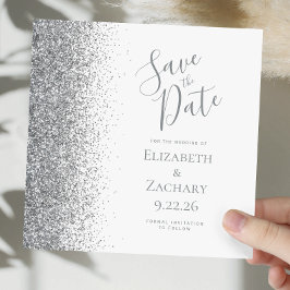 Anúncio Quadrado Branco Prateado Glitter Save the Date