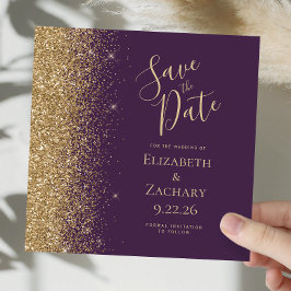Anúncio Quadrado Roxo Escuro Dourado Glitter Save the Date