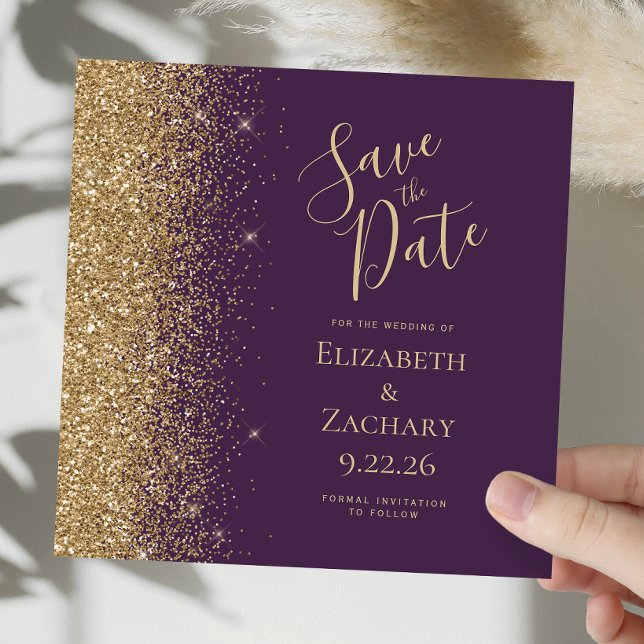 Anúncio Quadrado Roxo Escuro Dourado Glitter Save the Date (Criador carregado)