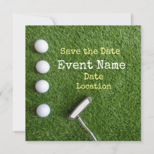 Anúncio Quatro bolas de golfe com o putter Salve a data em