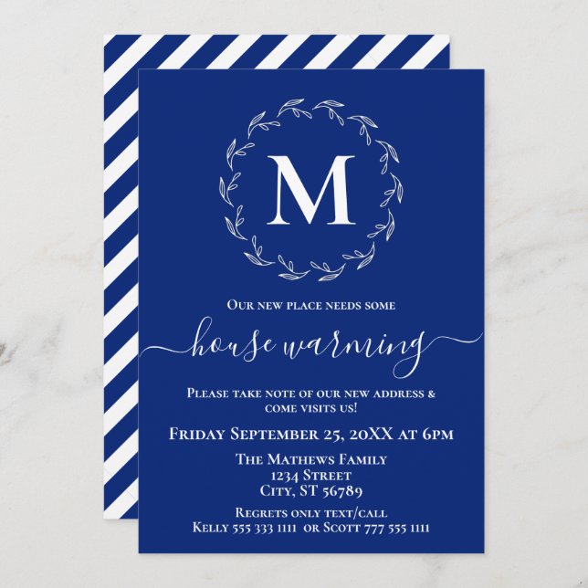 Anúncio Real Blue White Wreath Monograma House Aquecimento (Frente/Verso)