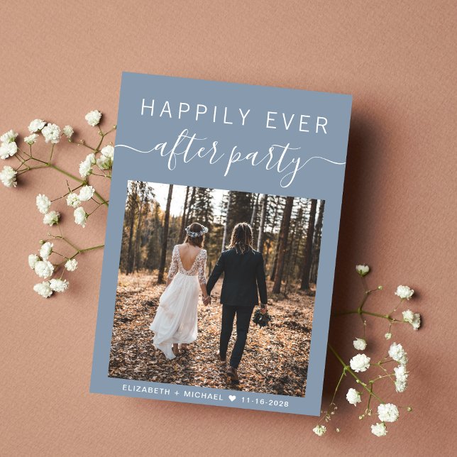 Anúncio Recepção de casamento Azul Dusty do Código QR de F (An chic Happily Ever After Party Invitation to set the tone for an unforgettable event)