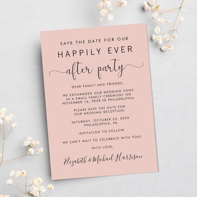 Anúncio Recepção de casamento Blush de Foto Salve a Data (A stylish save the date announcement for a reception to celebrate your elopement or private wedding)