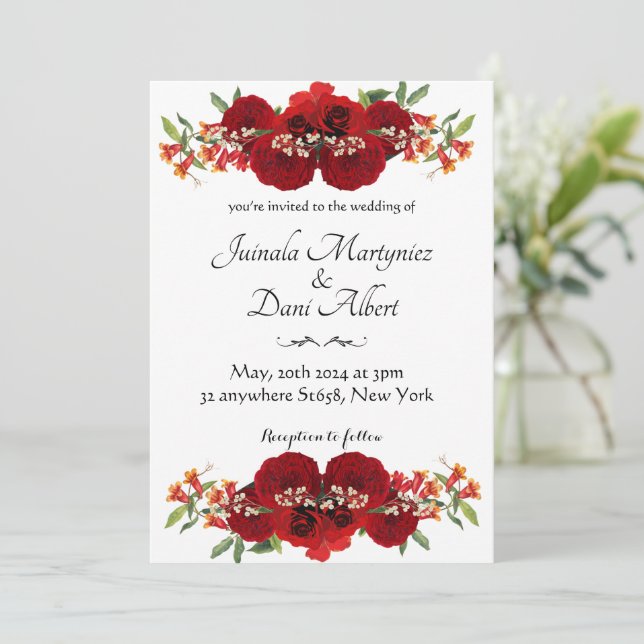 Anúncio Red and gold rustic flower wedding invitation  (Em pé/Frente)