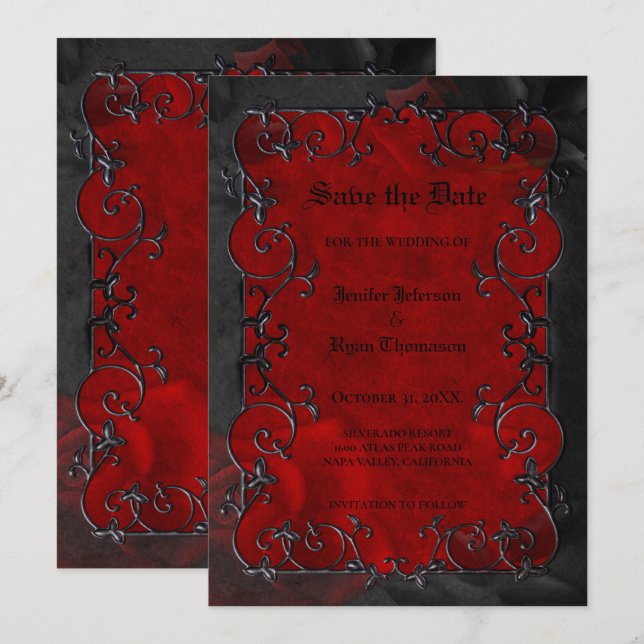 Anúncio Red Gothic halloween wedding save the date (Frente/Verso)
