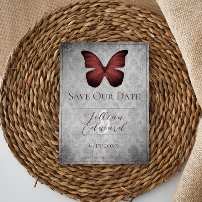 Anúncio Red Vintage Butterfly Damasco Salvar a Data (Red Vintage Butterfly Damask Save the Date)