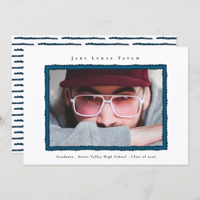 Anúncio Retro Photo Blue Frame Graduation High School (Frente/Verso)