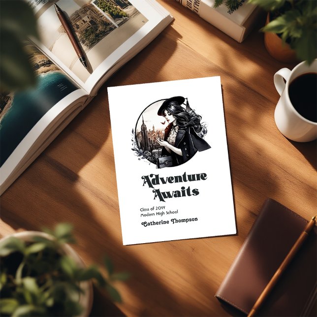Anúncio Retro Vintage Adventure Aguarda Foto de Graduação (Retro Vintage Adventure Awaits Graduation Photo Announcement)
