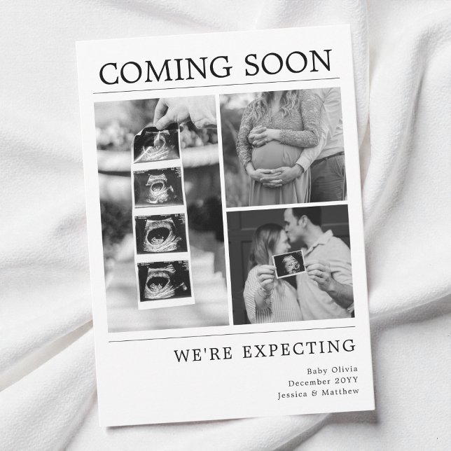 Anúncio Revelação de Gravidez com Foto Moderna de Bebê em  (Modern Black and White Baby Photo Pregnancy Reveal Announcement)