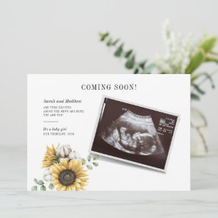 Anúncio Revelação do Bebê com Sonograma Floral de Girassol
