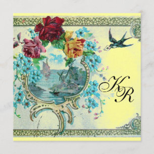 Anúncio ROMÂNTICA 3 MONOGRAMAS, Casamento Azul Amarelo