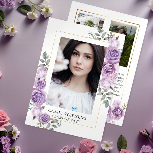 Anúncio Rosa Floral 4 Foto Colagem Dourada Graduação de Qu (Elegant Lavender Rose Floral 4 Photo Collage Faux Gold Frame Graduation Announcement)