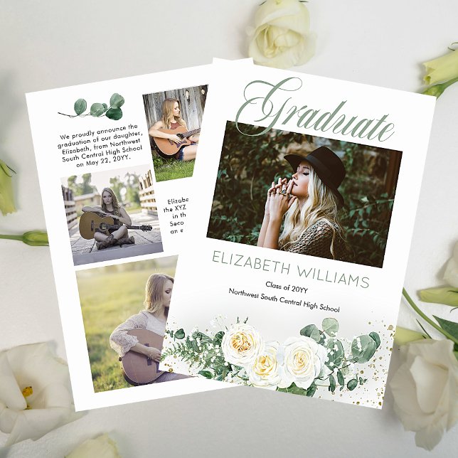 Anúncio Rosas brancas |Formando de Colagem de Fotografias  (White Roses and Eucalyptus Four Photo Collage "Graduate" Script Text Graduation Announcement)