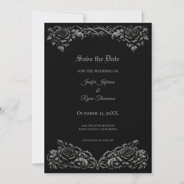 Anúncio Rosas pretas e brancas Gothiv Save the date (Frente)