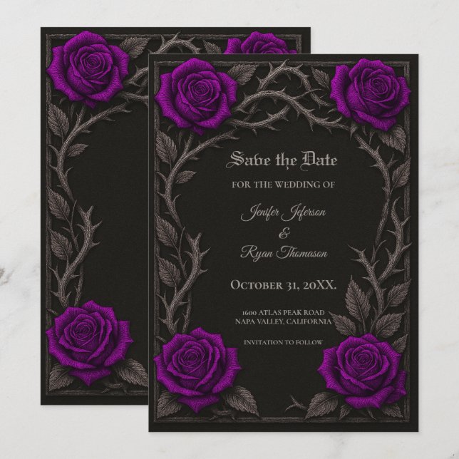 Anúncio Rosas roxas escuras Save the date gótico (Frente/Verso)