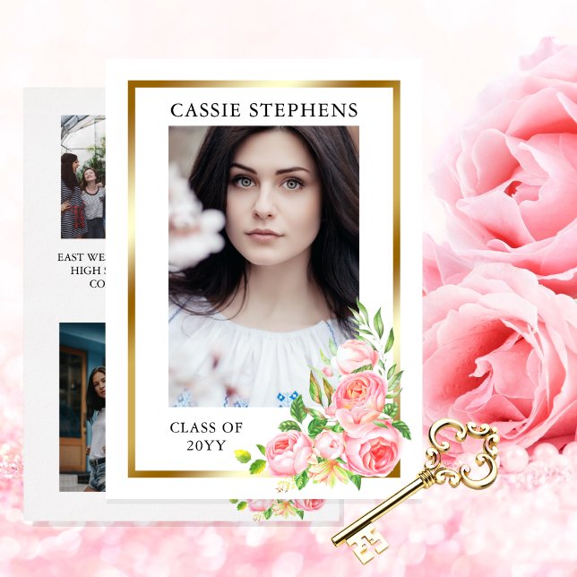 Anúncio Rose Floral 4 Photo Collage Gold Frame Graduation (Rose Floral Four Photo Collage Gold Tone Frame Graduation Announcement for Print | Download)