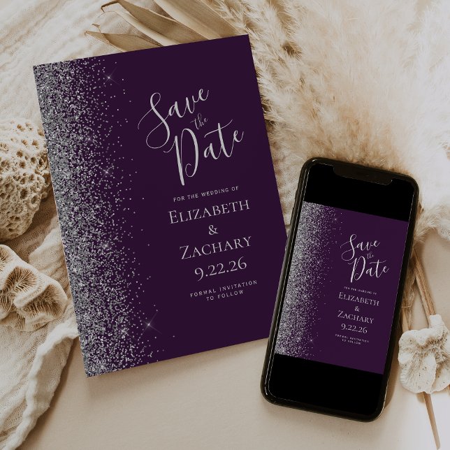 Anúncio Roxo Escuro Prateado Glitter Save the Date (Criador carregado)