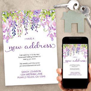 Anúncio Roxo Floral de Wisteria Eu Tenho um Novo Endereço