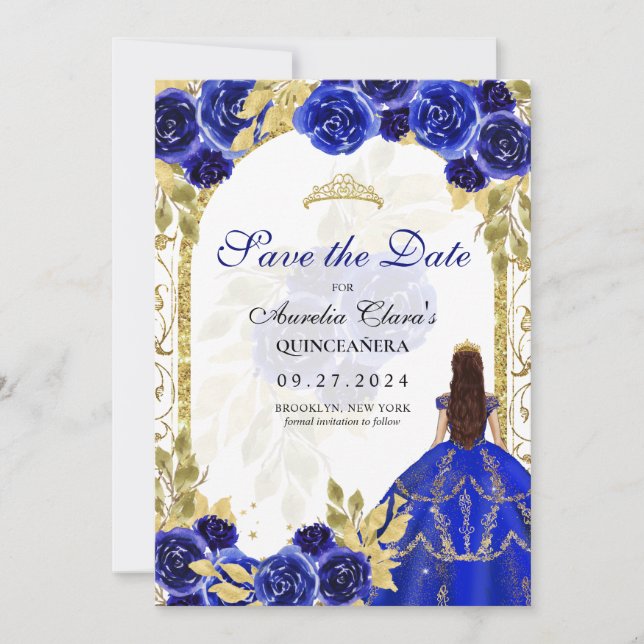 Anúncio Royal Blue Floral Princesa Dourada Quinceanera (Frente)