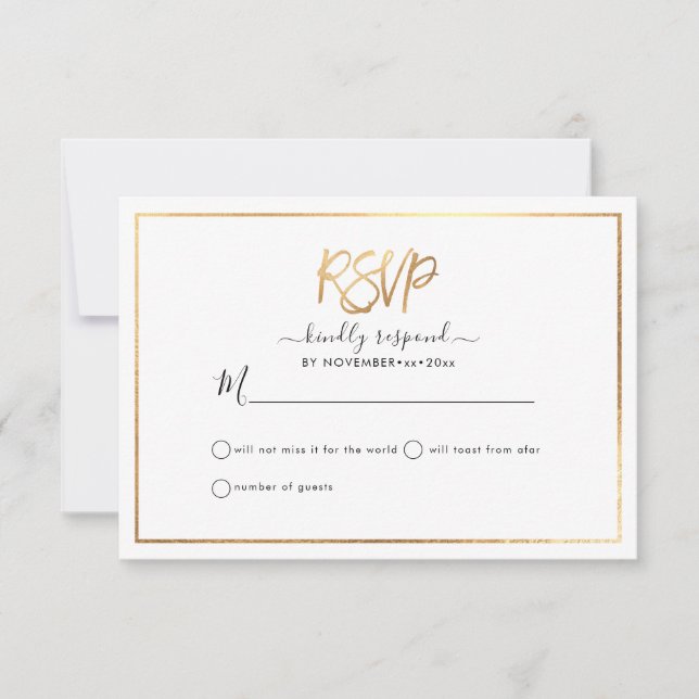 Anúncio RSVP Elegante, Script Faux Dourado (Frente)