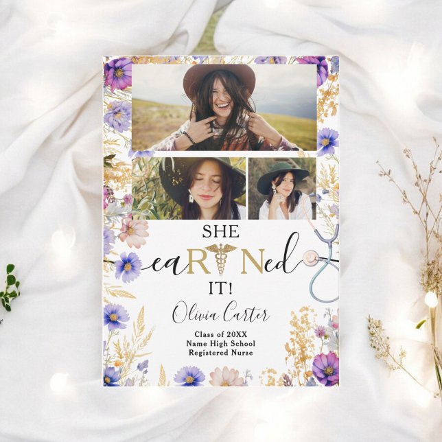 Anúncio Rustic Wildflower RN Enfermeira 4 fotos Graduação (Rustic Wildflower RN Nurse 4 photos Graduation Announcement)