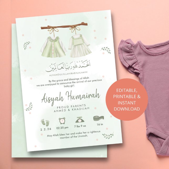 Anúncio Sage Green Islamic Baby Birth Announcement Card (Criador carregado)
