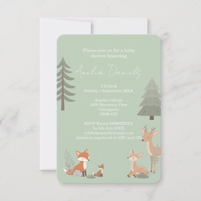 Anúncio Sage Green Woodland Animal Baby Shower Invitation (Frente)