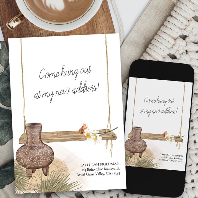 Anúncio Sai, Boho Chic Garden Swing Mover (boho new hang out address card available printed or as printable digital download)