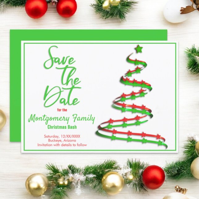 Anúncio Salvar a data | Árvore de Natal moderna (front and solid back of save the date announcement invitation)