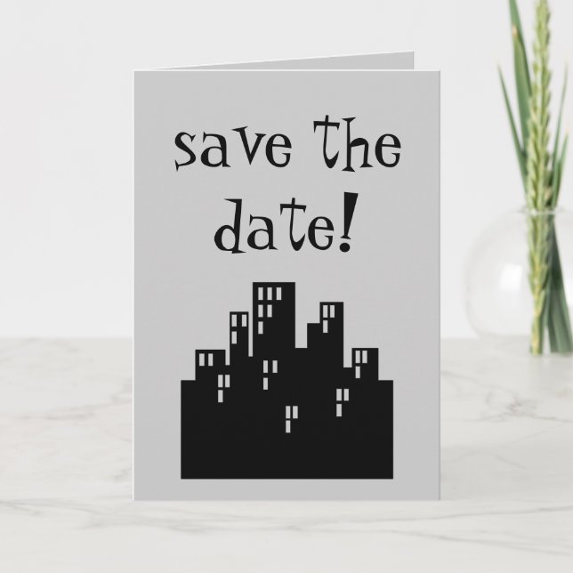 Anúncio salve a data! carta com o horizonte da cidade (Frente)