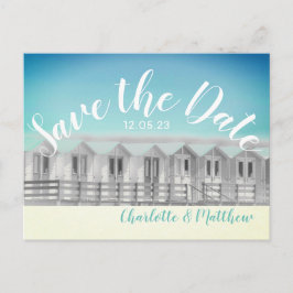 Anúncio Salve a data cartão postal da cabana de praia ingl