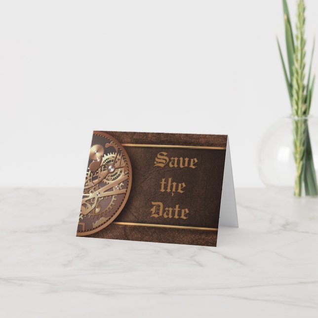Anúncio Save the date steampunk gears gold brown (Frente)