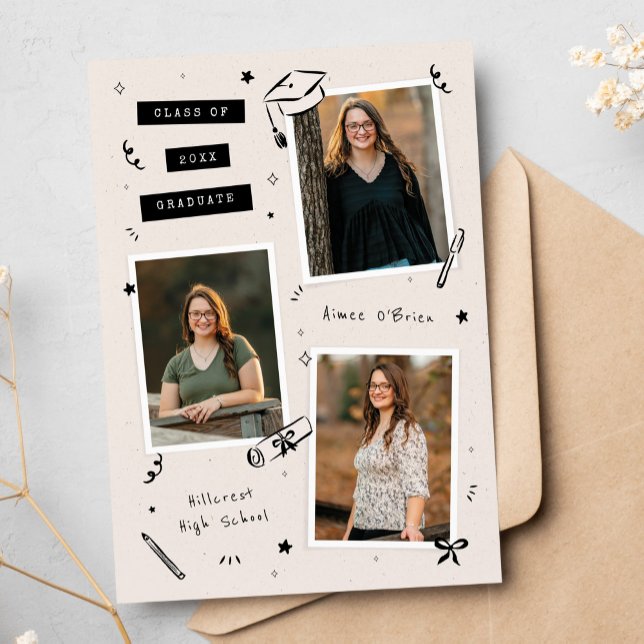 Anúncio Scrapbook Doodles 3-Photo Snapshot Graduation (3-photo graduation announcement with quirky hand-drawn doodles, scrapbook style layout)