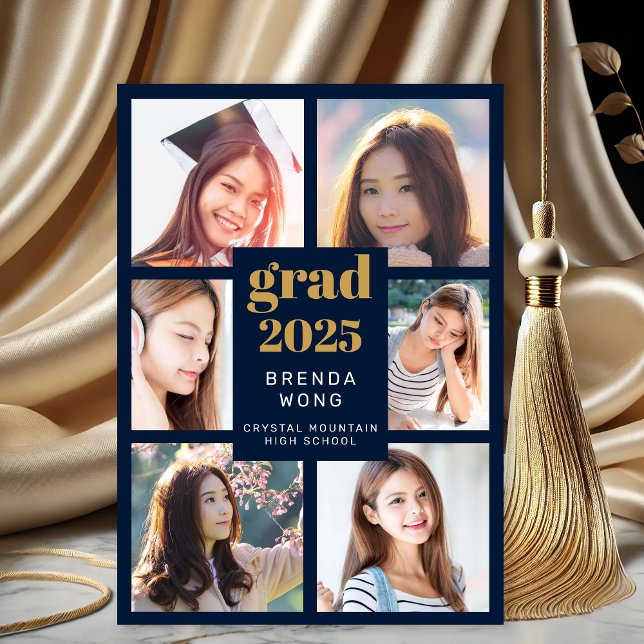 Anúncio Script branco Dourado de Colagem de Fotos Azul 6 (Six Photo Navy Blue Graduation Announcement with Gold and White lettering)