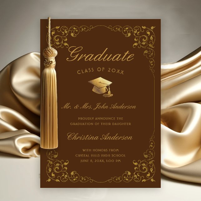 Anúncio Script De Boné De Ivy Dourado Da Graduação Brown D (Gold Ivy Leaf on Brown Graduation Announcement from Parents)