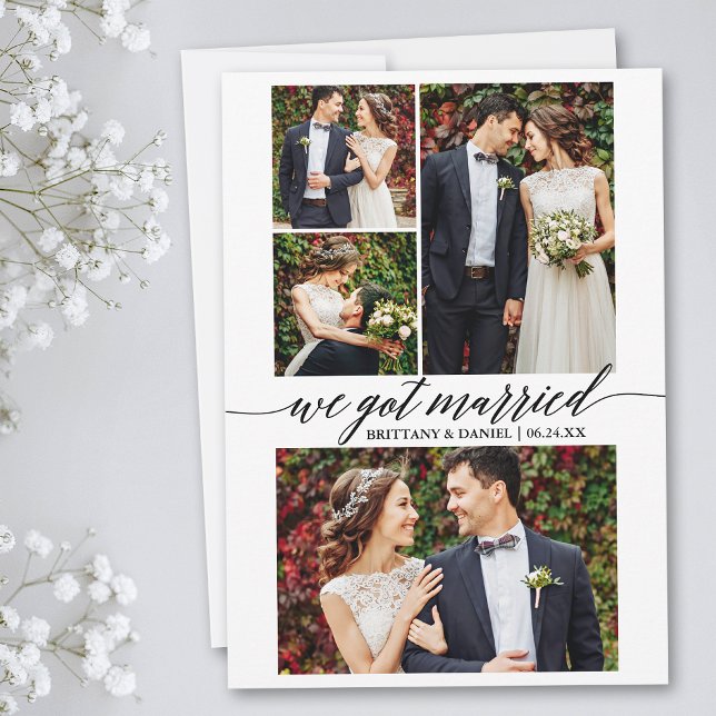 Anúncio Script De Caligrafia 4 Foto Que Nos Casamos (Customize to add text or more photos to back of card.)